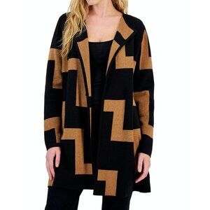 Anne Klein Petite Geo Print Open Front Long Sleeve Cardigan Sweater Brown PS PM